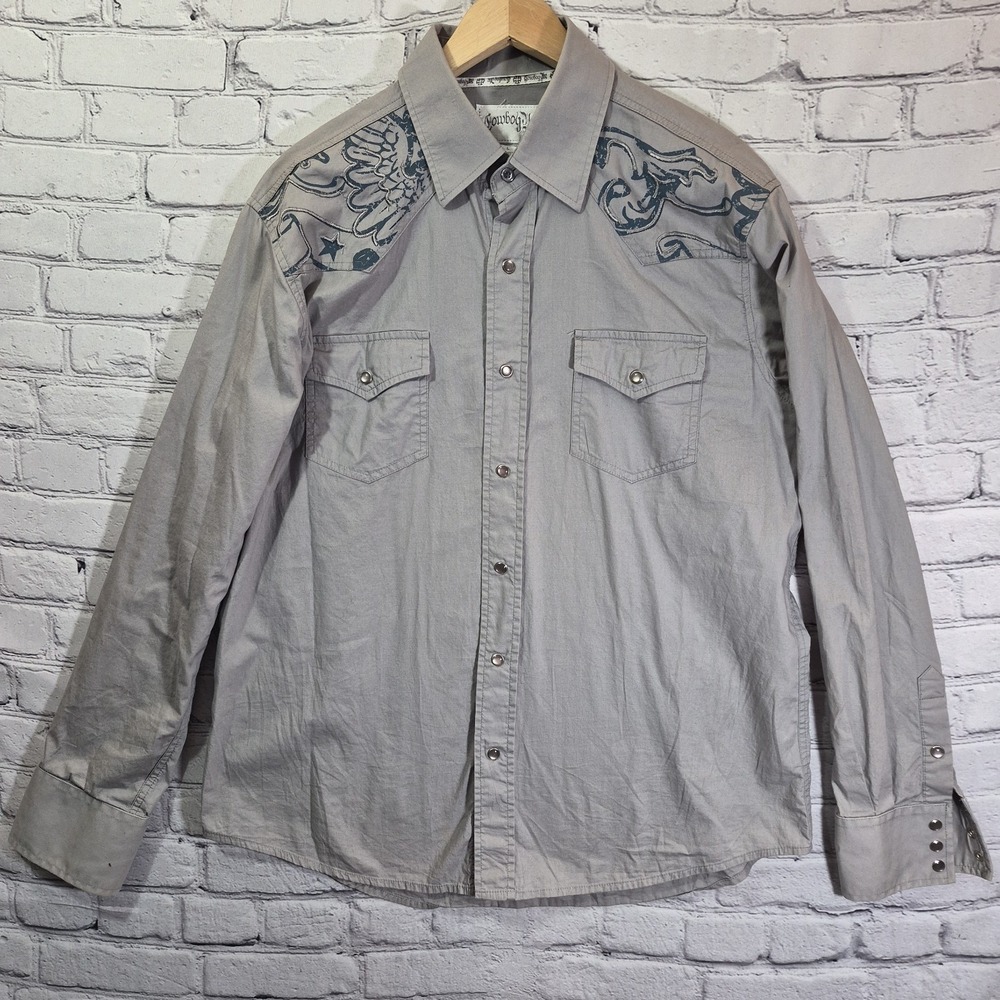 Cowboy Up Shirt Mens Large Plaid Western Pearl Snap Embroidered Long Sleeve